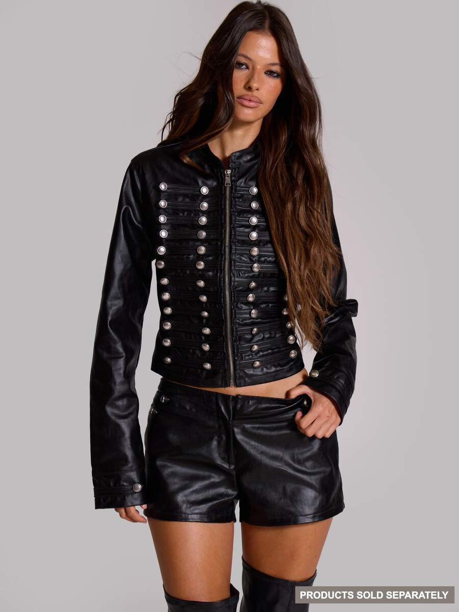 MUSERA Black And Silver PU Military Style Jacket Fall Going Out Night Out Concert Halloween Cool Girl Furiosa Streetwear - Black - View 1