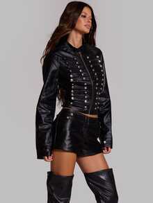 MUSERA Black And Silver PU Military Style Jacket Fall Going Out Night Out Concert Halloween Cool Girl Furiosa Streetwear - Black - View 3