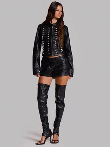 MUSERA Black And Silver PU Military Style Jacket Fall Going Out Night Out Concert Halloween Cool Girl Furiosa Streetwear - Black - View 2