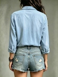 SHEIN Holidaya Women's French Style Unique Casual Comfortable Layerable Loose Fit New Vintage Long Sleeve Shacket - Blue - View 2