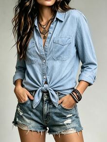 SHEIN Holidaya Women's French Style Unique Casual Comfortable Layerable Loose Fit New Vintage Long Sleeve Shacket - Blue - View 3