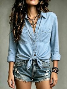 SHEIN Holidaya Women's French Style Unique Casual Comfortable Layerable Loose Fit New Vintage Long Sleeve Shacket - Blue - View 4