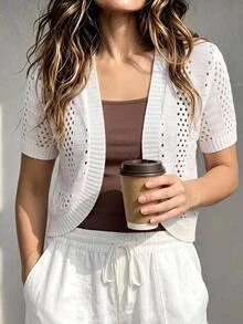 Linhara CURVE Cardigan Rajut Pointelle Plus dengan Bukaan Depan - Putih - View 3