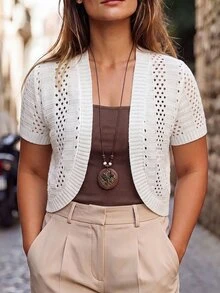 Linhara CURVE Cardigan Rajut Pointelle Plus dengan Bukaan Depan - Putih - View 8