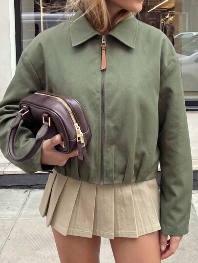 Struktiv Women's Olive Green Twill Shirt Collar Front Zipper Hem Pleated Pocket Long Sleeve Jacket Coat, Elegant Casual French Vintage Romantic Office Business Commute Workplace Women's European American Street Style Old Money Minimalist Versatile Afternoon Tea Party Back To School Christmas Halloween Autumn/Winter New