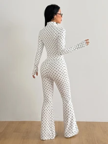 Coolane Women's White Polka-Dot Long-Sleeve Jacket And Slim-Fit Trousers Tracksuit - White - View 3