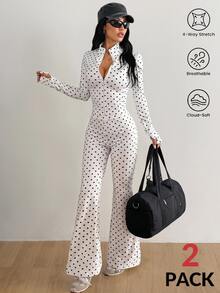 Coolane Women's White Polka-Dot Long-Sleeve Jacket And Slim-Fit Trousers Tracksuit - White - View 5