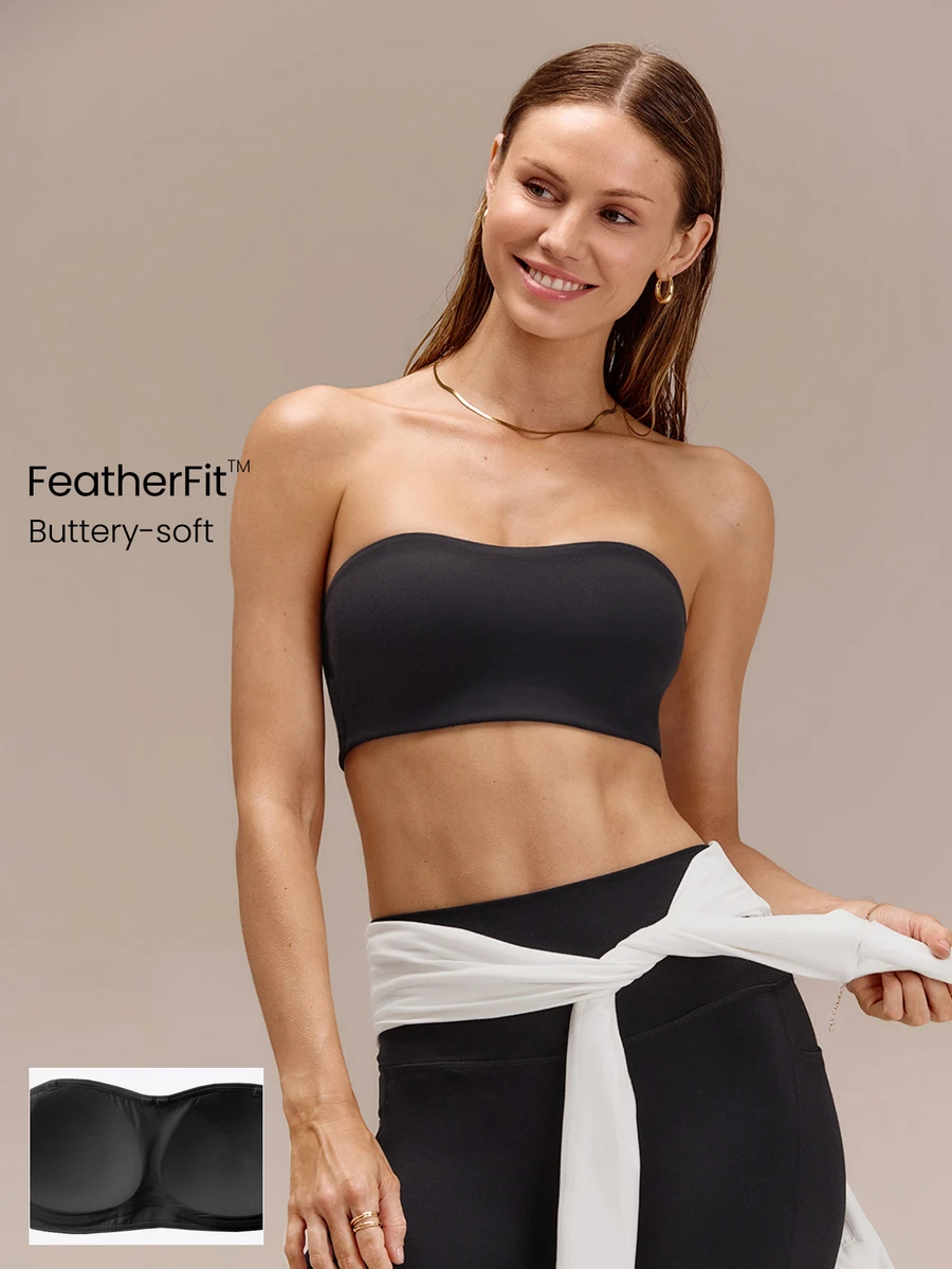 GLOWMODE FeatherFit™ Soft Sweat-Wicking Breathable Strapless Bandeau Bra With Non Slip Lining Supportive Cups Low Impact Summer Casual Daily Wear - Black - View 1