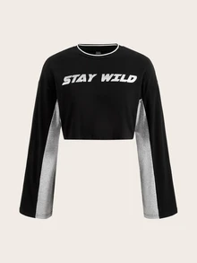 SHEIN ICON Letter Print Colorblock T-shirt - Light Grey - View 3