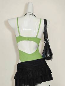 SHEIN ICON Y2K 春季蕾丝拼接紧身吊带露脐上衣高腰露背连体衣 - 綠色 - 查看 2