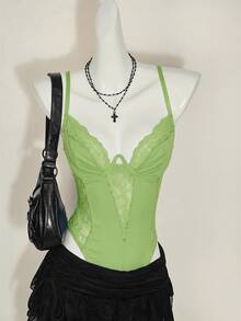 SHEIN ICON Y2K 春季蕾丝拼接紧身吊带露脐上衣高腰露背连体衣 - 綠色 - 查看 6