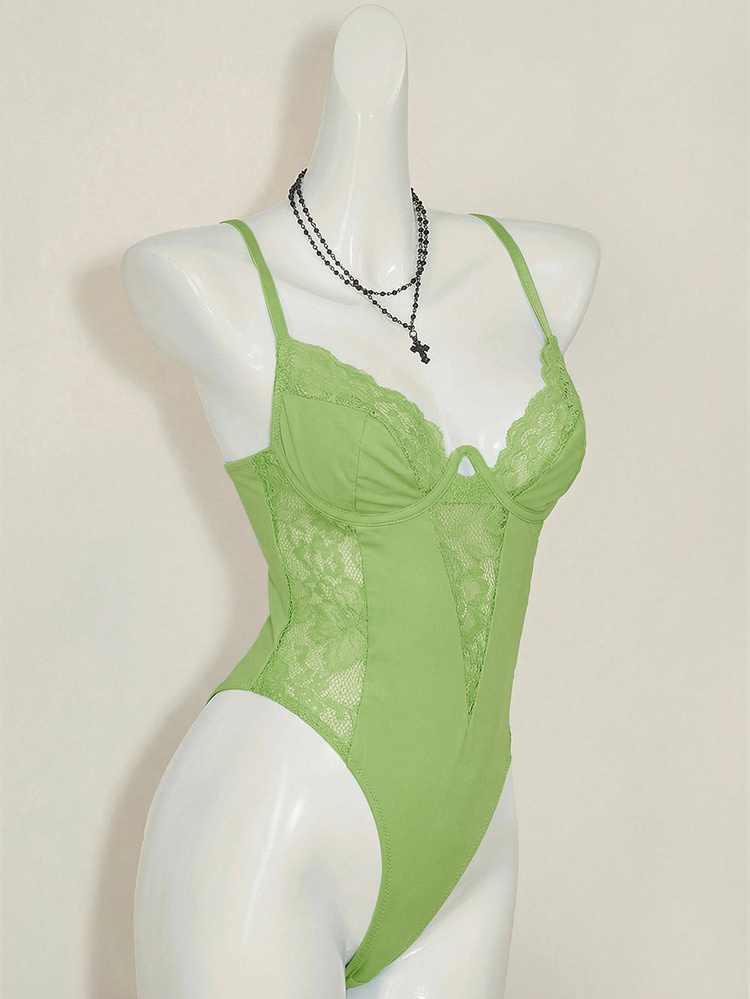 SHEIN ICON Y2K Spring Lace Patchwork Bodycon Camisole Crop Top High Waist Backless Bodysuit For Women - Green - View 5
