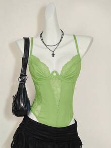 SHEIN ICON Y2K 春季蕾丝拼接紧身吊带露脐上衣高腰露背连体衣 - 綠色 - 查看 3