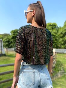 SHEIN ICON Drop Shoulder Sequin Mesh Crop Blouse - Multicolor - View 2