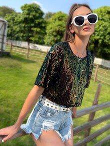 SHEIN ICON Drop Shoulder Sequin Mesh Crop Blouse - Multicolor - View 6