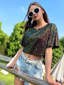 SHEIN ICON Drop Shoulder Sequin Mesh Crop Blouse - Multicolor - View 3