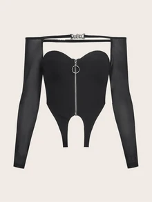 SHEIN X KeniaOs SHEIN ICON 露肩拉链不对称下摆短款上衣 - 黑色 - 查看 3