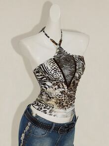 SHEIN ICON Women's Leopard & Zebra Print Lace Splice Halter Top - Multicolor - View 8