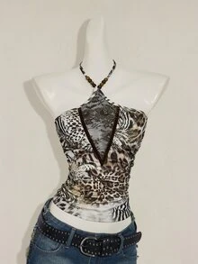 SHEIN ICON Women's Leopard & Zebra Print Lace Splice Halter Top - Multicolor - View 5