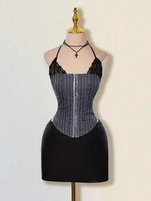 SHEIN ICON Kamisol Wanita Bergaris dengan Renda Kontras dan Leher Halter - Grey - View 5