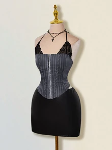 SHEIN ICON Kamisol Wanita Bergaris dengan Renda Kontras dan Leher Halter - Grey - View 6