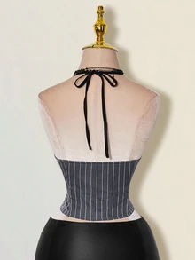 SHEIN ICON Kamisol Wanita Bergaris dengan Renda Kontras dan Leher Halter - Grey - View 3