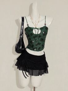 SHEIN ICON Camisole de Retalhos Brilhante de Mulher Decorada com Bordado de Lantejoulas e Contas - Verde - Visão 4