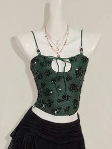 SHEIN ICON Camisole de Retalhos Brilhante de Mulher Decorada com Bordado de Lantejoulas e Contas - Verde - Visão 5