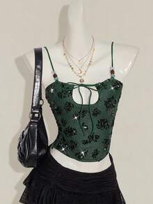 SHEIN ICON Camisole de Retalhos Brilhante de Mulher Decorada com Bordado de Lantejoulas e Contas - Verde - Visão 3