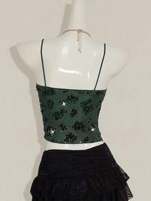 SHEIN ICON Camisole de Retalhos Brilhante de Mulher Decorada com Bordado de Lantejoulas e Contas - Verde - Visão 2