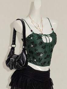 SHEIN ICON Camisole de Retalhos Brilhante de Mulher Decorada com Bordado de Lantejoulas e Contas - Verde - Visão 6