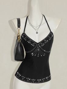 SHEIN ICON 女式水钻装饰性感复古前卫串珠露背吊带背心 - 黑色 - 查看 3