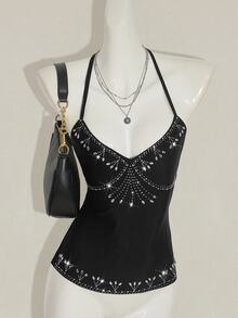 SHEIN ICON 女式水钻装饰性感复古前卫串珠露背吊带背心 - 黑色 - 查看 4