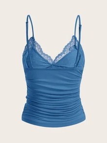 SHEIN ICON 對比花邊蝴蝶結前y2k背心上衣 - 霧霾藍 - 查看 2