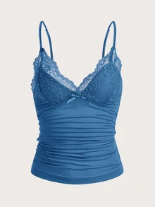 SHEIN ICON 對比花邊蝴蝶結前y2k背心上衣 - 霧霾藍 - 查看 3