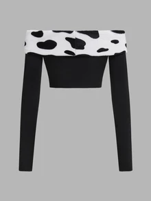 SHEIN ICON Off-The-Shoulder Solid Color Splice Long Sleeve Simple Crop Top, Casual Everyday Wear - Black - View 2