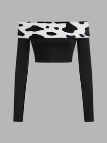SHEIN ICON Off-The-Shoulder Solid Color Splice Long Sleeve Simple Crop Top, Casual Everyday Wear - Black - View 3