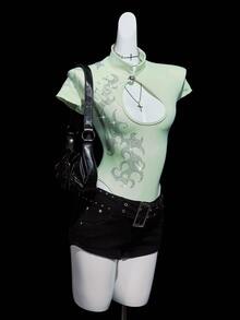 SHEIN ICON Women's Green Rhinestone Embellished Front & Back Hollow Out High Neck Bodysuit - Black - View 5