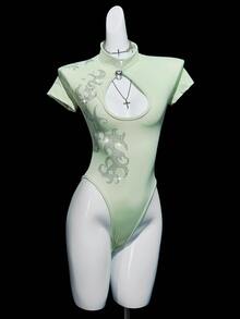 SHEIN ICON Women's Green Rhinestone Embellished Front & Back Hollow Out High Neck Bodysuit - Black - View 8