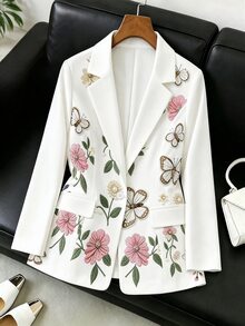 Velvienne Versatile Premium 3D Textured Fabric Printed Plus Size Women's Blazer - Multicolor - View 3