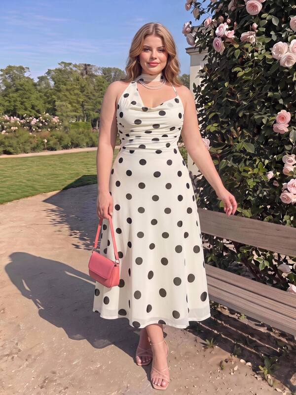 SHEIN MOD فستان نسائي مقاس كبير بقاعدة مشمشية وطبعة نقاط سوداء، مربوط من الأمام، بقصة ضيقة وواسعة من الأسفل، خصر ضيق وحمالات رفيعة، مناسب للحفلات وأعياد الميلاد والغداء والمواعيد وملابس المعلمات، بأسلوب أنيق من السبعينات، مناسب للارتداء في جميع الفصول