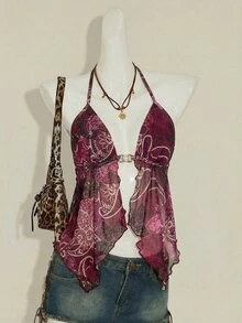SHEIN ICON Sexy Paisley Print Backless Halter Neck Top, Summer,Summer Top - Burgundy - View 7