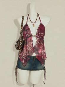 SHEIN ICON Sexy Paisley Print Backless Halter Neck Top, Summer,Summer Top - Burgundy - View 8