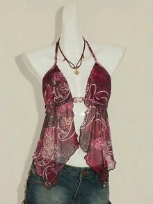 SHEIN ICON Sexy Paisley Print Backless Halter Neck Top, Summer,Summer Top - Burgundy - View 10