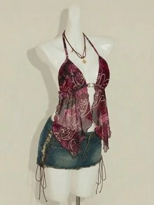 SHEIN ICON Sexy Paisley Print Backless Halter Neck Top, Summer,Summer Top - Burgundy - View 3