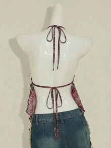 SHEIN ICON Sexy Paisley Print Backless Halter Neck Top, Summer,Summer Top - Burgundy - View 2