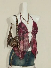 SHEIN ICON Sexy Paisley Print Backless Halter Neck Top, Summer,Summer Top - Burgundy - View 11