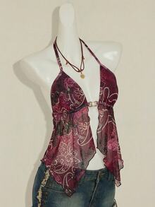 SHEIN ICON Sexy Paisley Print Backless Halter Neck Top, Summer,Summer Top - Burgundy - View 4
