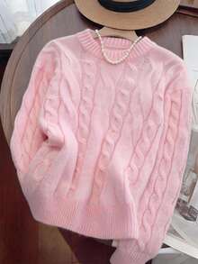 Teen Girls Teen Girl Pink Round Neck Loose Long Sleeve Cable Knit Sweater, College Style Simple Casual Sweater - Pink - View 7