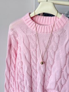 Teen Girls Teen Girl Pink Round Neck Loose Long Sleeve Cable Knit Sweater, College Style Simple Casual Sweater - Pink - View 3